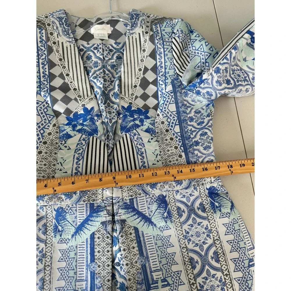 Camilla Peplum Blazer Size L Blue White Mosaic Print Crystal Embellished Art